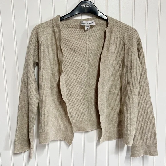 Amour Vert Light Taupe Wool Ribbed Knit Open Front Cardigan Sweater Small S - Picture 1 of 6